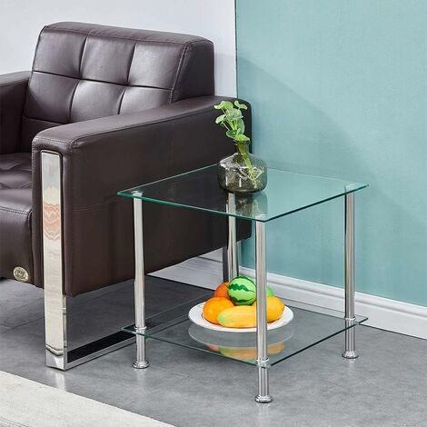Glass Side Table,2 Tier Sidetable, Square End Table for Living Room Small End Table Coffee Table (Clear)
