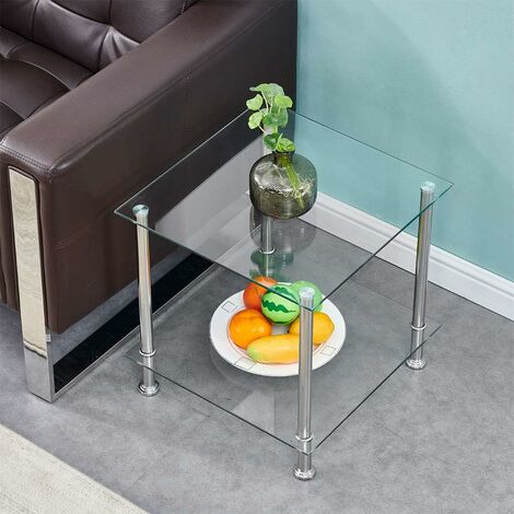 Glass Side Table,2 Tier Sidetable, Square End Table for Living Room Small End Table Coffee Table (Clear)