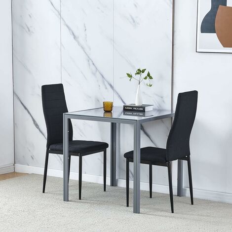 Dining Room Set, Grey Glass Dining Table with Chairs, 75x75 cm Square Glass Table and Chairs for Small Room (Table with 2 Chairs, Black Linen)