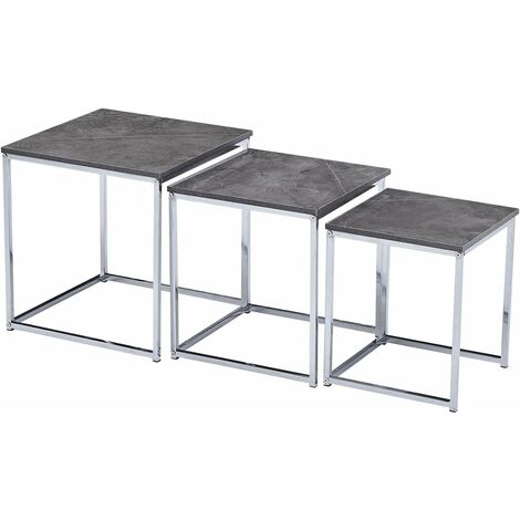 Nested Tables Set of 3, 3pcs Square Side Table End Table for Living Room, High Gloss Nesting Coffee Table (Grey Beton Texture) (1/5)