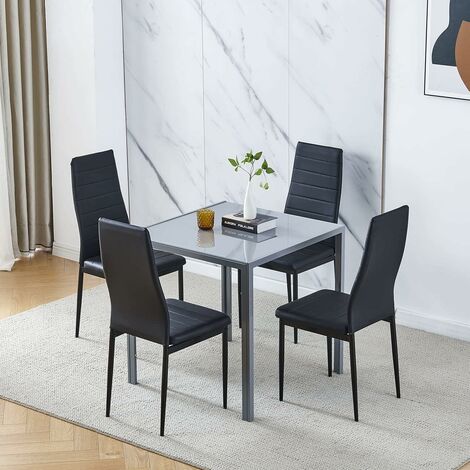 Dining Room Set, Grey Glass Dining Table with Chairs, 75x75 cm Square Glass Table and Chairs for Small Room (Table with 4 Chairs, Black Faux Leather)