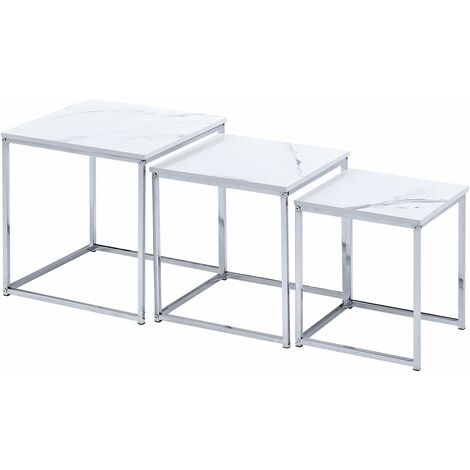 Nested Tables Set of 3, 3pcs Square Side Table End Table for Living Room, High Gloss Nesting Coffee Table (White Marble Texture)