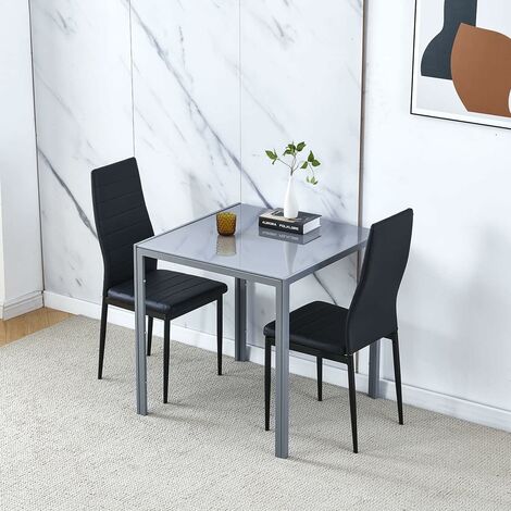 Dining Room Set, Grey Glass Dining Table with Chairs, 75x75 cm Square Glass Table and Chairs for Small Room (Table with 2 Chairs, Black Faux Leather)