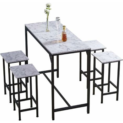 Bar Table Set of 4, Bar Table and 4 Bar Stools, 90cm tall Dining Table with Barstools, 5pcs Home Kitchen Breakfast Bar Set, Pub Furniture, White Marble Texture, made of MDF