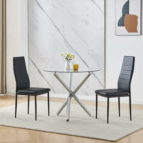 90x90 Round Table and Chairs, Round Glass Table with Chairs, Dining Table Set of 2/4 (Faux Leather, Black, With 2 Chairs)