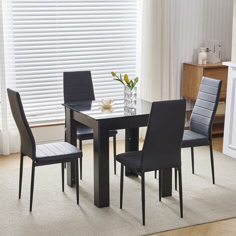 75x75cm Square Dining Table and Chairs Set, Small Dining Room Set High Gloss Dining Table with Chairs Home Furniture (Black Faux Leather, Black Table with 4 Chairs)