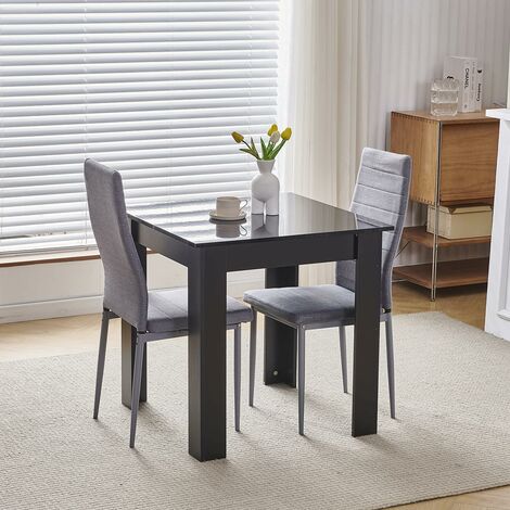 75x75cm Square Dining Table and Chairs Set, Small Dining Room Set High Gloss Dining Table with Chairs Home Furniture (Grey Linen, Black Table with 2 Chairs)