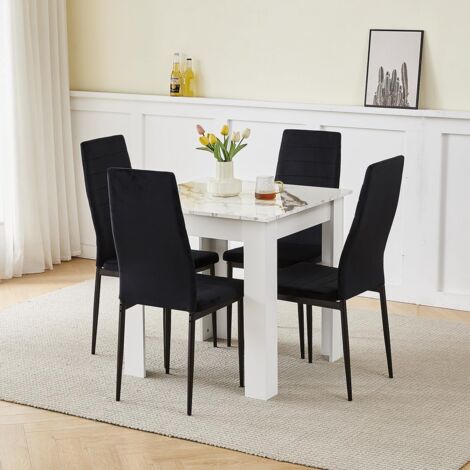 75x75cm Square Dining Table and Chairs Set, Small Dining Room Set High Gloss Dining Table with Chairs Home Furniture (Black Flannel, Marble-White Table with 4 Chairs)