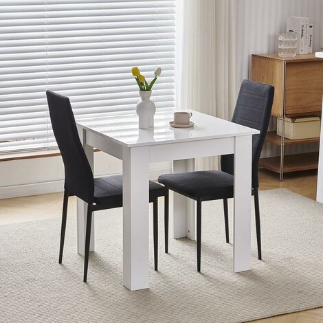 75x75cm Square Dining Table and Chairs Set, Small Dining Room Set High Gloss Dining Table with Chairs Home Furniture (Black Linen, White Table with 2 Chairs)