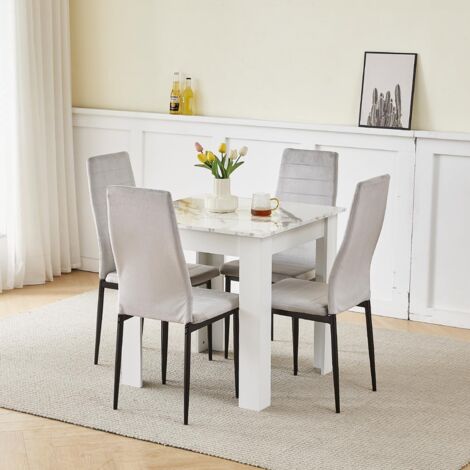 75x75cm Square Dining Table and Chairs Set, Small Dining Room Set High Gloss Dining Table with Chairs Home Furniture (Grey Flannel, Marble-White Table with 4 Chairs)