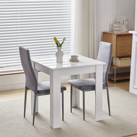 75x75cm Square Dining Table and Chairs Set, Small Dining Room Set High Gloss Dining Table with Chairs Home Furniture (Grey Linen, White Table with 2 Chairs)
