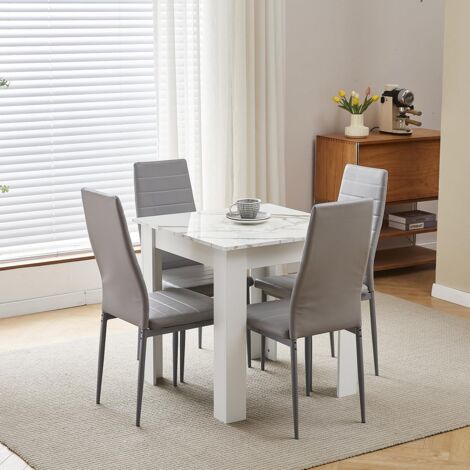 75x75cm Square Dining Table and Chairs Set, Small Dining Room Set High Gloss Dining Table with Chairs Home Furniture (Grey Faux Leather, Marble-White Table with 4 Chairs)