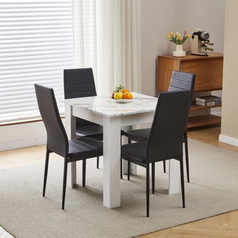 75x75cm Square Dining Table and Chairs Set, Small Dining Room Set High Gloss Dining Table with Chairs Home Furniture (Black Faux Leather, Marble-White Table with 4 Chairs)