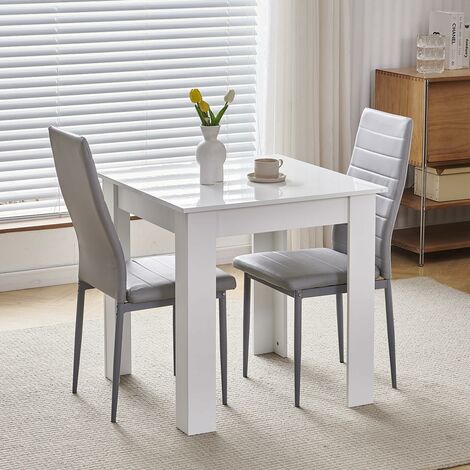 75x75cm Square Dining Table and Chairs Set, Small Dining Room Set High Gloss Dining Table with Chairs Home Furniture (Grey Faux Leather, White Table with 2 Chairs)