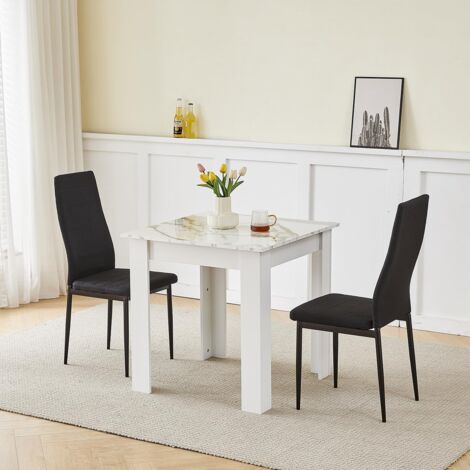 75x75cm Square Dining Table and Chairs Set, Small Dining Room Set High Gloss Dining Table with Chairs Home Furniture (Black Linen, Marble-White Table with 2 Chairs) (1/5)