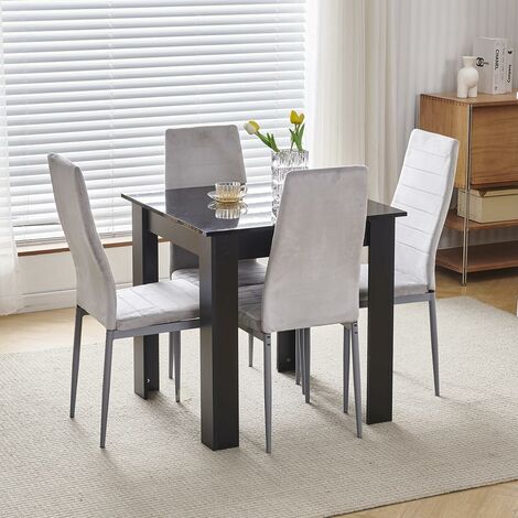 75x75cm Square Dining Table and Chairs Set, Small Dining Room Set High Gloss Dining Table with Chairs Home Furniture (Grey Flannel, Black Table with 4 Chairs) (1/5)