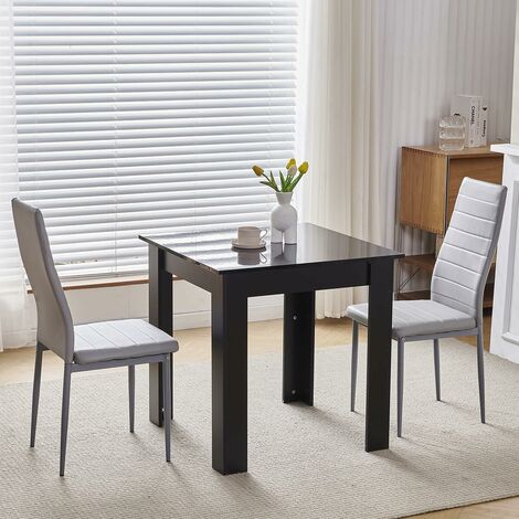 75x75cm Square Dining Table and Chairs Set, Small Dining Room Set High Gloss Dining Table with Chairs Home Furniture (Grey Faux Leather, Black Table with 2 Chairs)