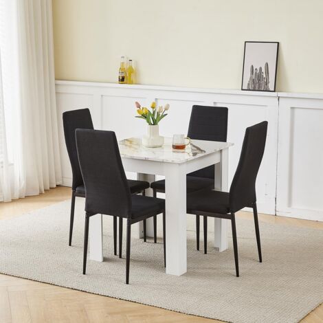 75x75cm Square Dining Table and Chairs Set, Small Dining Room Set High Gloss Dining Table with Chairs Home Furniture (Black Linen, Marble-White Table with 4 Chairs)