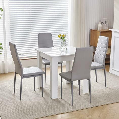 75x75cm Square Dining Table and Chairs Set, Small Dining Room Set High Gloss Dining Table with Chairs Home Furniture (Grey Faux Leather, White Table with 4 Chairs)