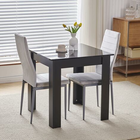 75x75cm Square Dining Table and Chairs Set, Small Dining Room Set High Gloss Dining Table with Chairs Home Furniture (Grey Flannel, Black Table with 2 Chairs)