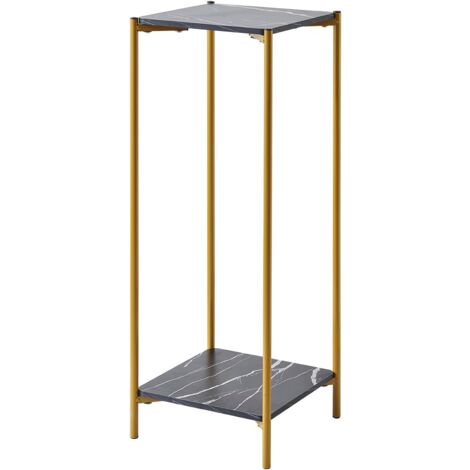 Tall Table with 2 Tiers, Square End Table Sofa Side Table, 90cm Plant Stand Indoor Plant Holder, with White Marble Texture (Black) (1/5)