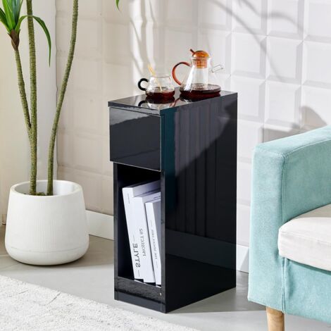 Slim Bedside Table Bedroom Nightstand with Open Shelf & Drawer, Narrow End Table Sofa Side Table for Living Room, Compact Wooden Lamp Table Telephone Table for Home Office, High Gloss Black