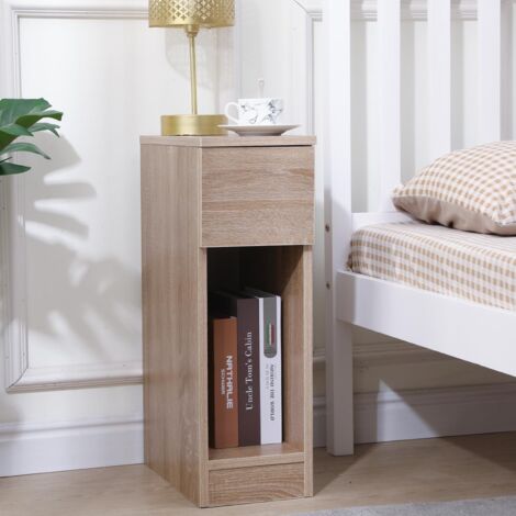 Slim Wood Bedside Table Bedroom Nightstand with Shelf and Drawer, Narrow Bathroom Small Floor Storage Cabinet Living Room End Table Sofa Side Table - Brown