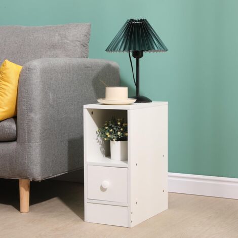 Small Bedside Cabinet, Narrow Nightstand Side Table, Slim Bedside Table with Drawer & Open Shelf for Bedroom, Living Room Sofa Side End Table - White