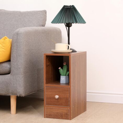 Slim Bedside Cabinet, Narrow Nightstand Side Table, Bedside Table with Drawer & Open Shelf for Bedroom, Living Room Sofa Side End Table, Oak