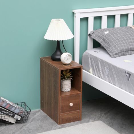 Slim Bedside Cabinet, Narrow Nightstand Side Table, Bedside Table with Drawer & Open Shelf for Bedroom, Living Room Sofa Side End Table, Oak