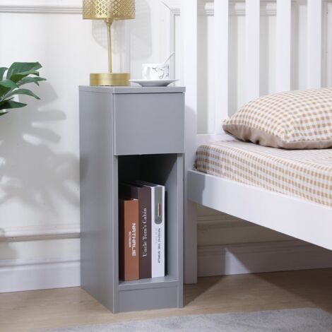 Slim Wood Bedside Table Bedroom Nightstand with Shelf and Drawer, Narrow Bathroom Small Floor Storage Cabinet Living Room End Table Sofa Side Table - Grey