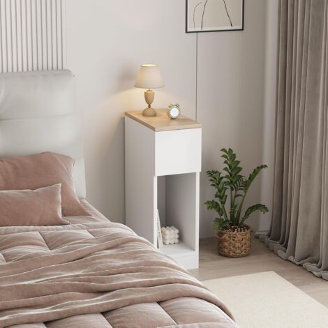 Slim Wood Bedside Table Bedroom Nightstand with Shelf and Drawer, Narrow Bathroom Small Floor Storage Cabinet Living Room End Table Sofa Side Table (1/5)