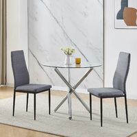 90x90 Round Table and Chairs, Round Glass Table with Chairs, Dining Table Set of 2/4 (Linen, Grey, With 2 Chairs)