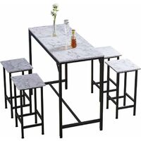 Bar Table Set of 4, Bar Table and 4 Bar Stools, 90cm tall Dining Table with Barstools, 5pcs Home Kitchen Breakfast Bar Set, Pub Furniture, White Marble Texture, made of MDF