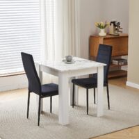 75x75cm Square Dining Table and Chairs Set, Small Dining Room Set High Gloss Dining Table with Chairs Home Furniture (Black Flannel, Marble-White Table with 2 Chairs)
