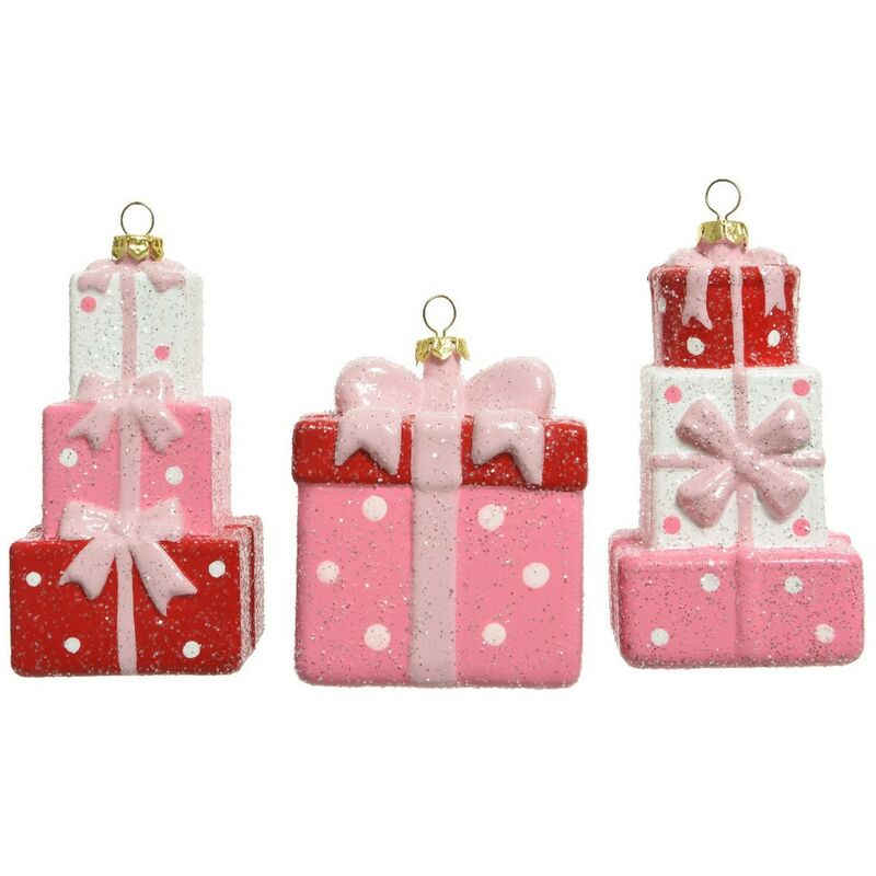 Pacco Regalo in Plastica Fucsia con Coperchio Glitterato con Fiocco Oro - H  10 cm - Il Villaggio di Babbo Natale