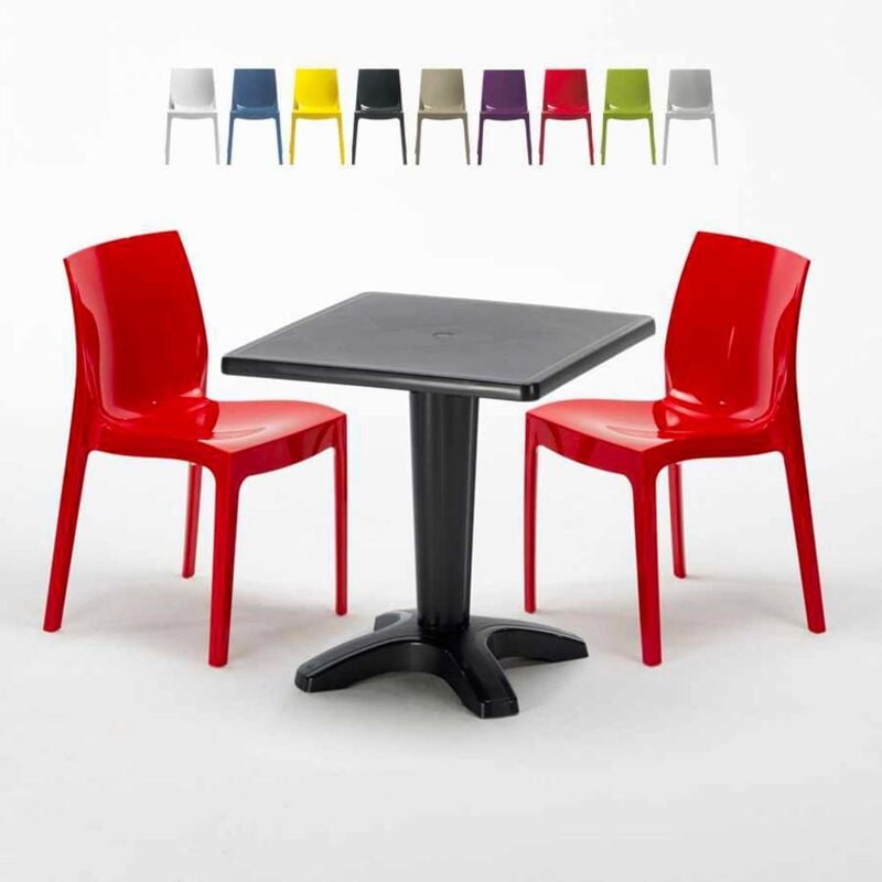 Mesa Cuadrada Negra 70x70 cm y 2 Sillas De Colores Ice Aia | Rojo