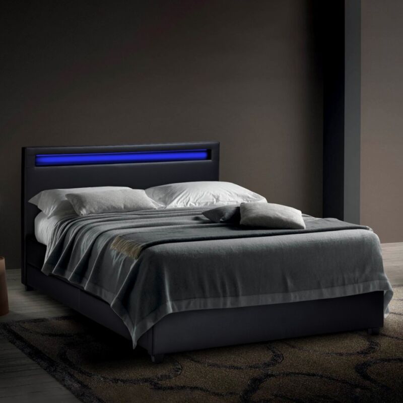 Moderna cama de matrimonio 2 plazas con cabecero cajones led 160x190 GINEBRA REY | Negro