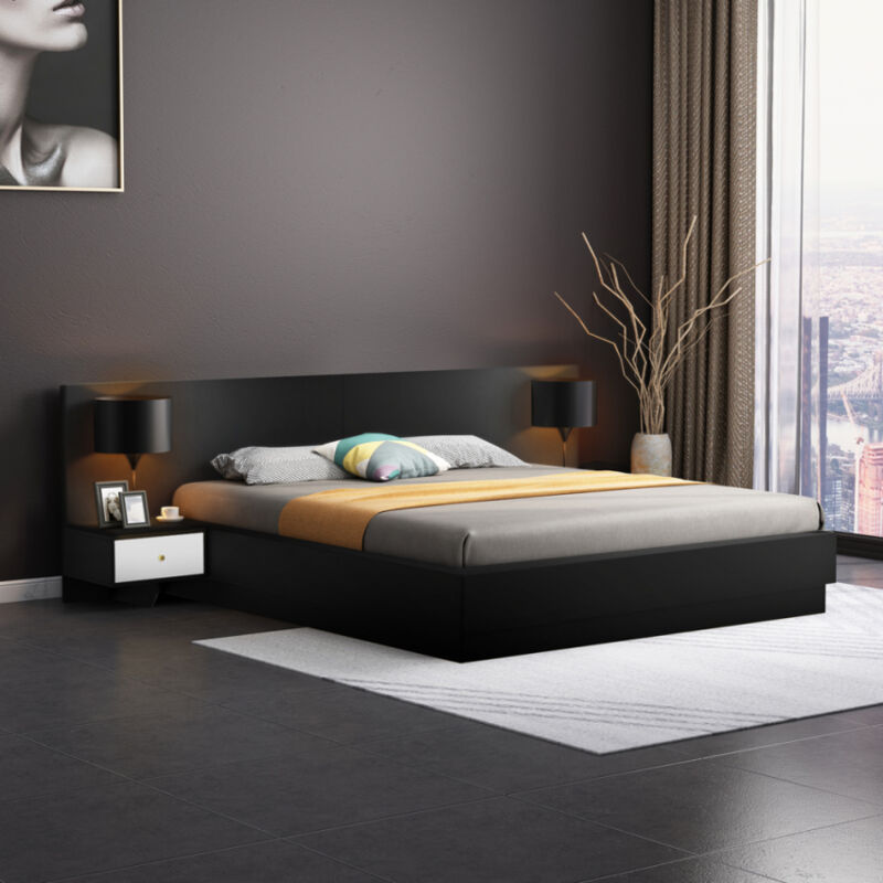 Cama matrimonial 160 x 190 cm elevable 2 mesillas diseño moderno Schwaz | Negro