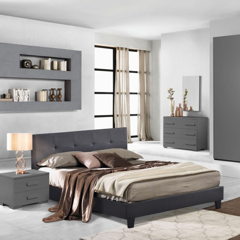 Cama de matrimonio 2 plazas de tela con somier 160 x 190 cm Jona | Gris Oscuro