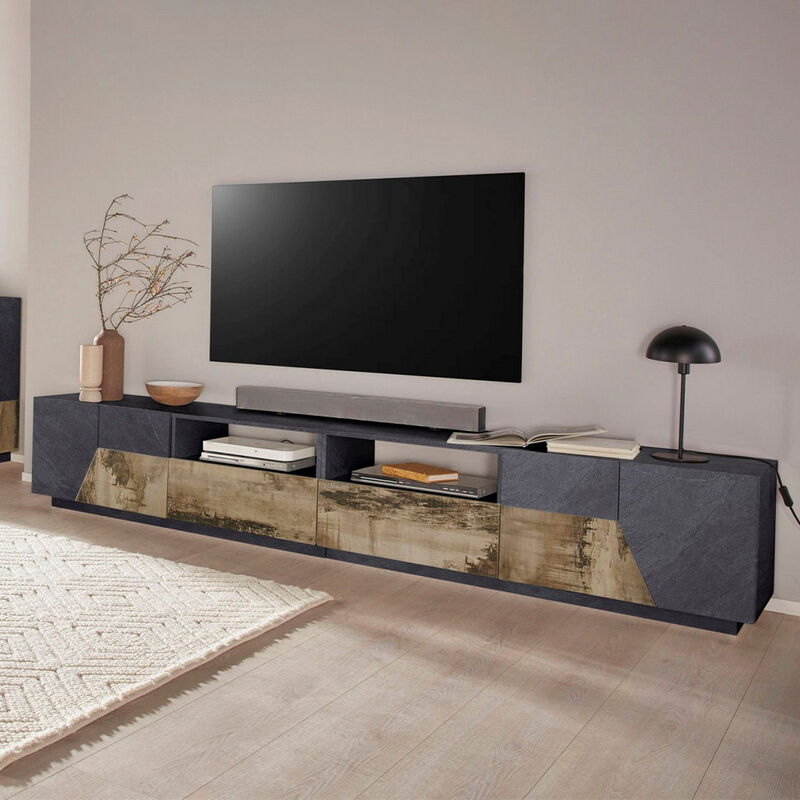 Mueble TV moderno 260x43 cm pared salón blanco brillo More
