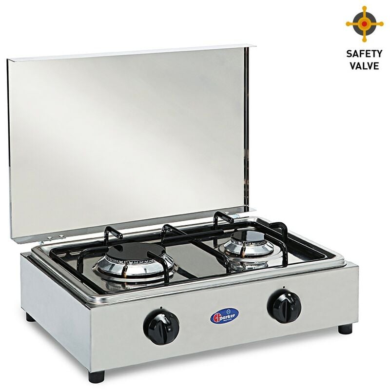 Cocina de gas de acero inoxidable 2 quemadores GLP gas natural 200ACCGPS CF Parker Regulador de gas: 30 mbar - Versión: GLP