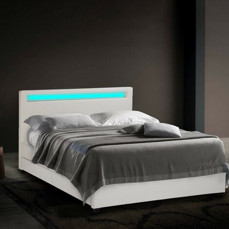 Moderna cama de matrimonio 2 plazas con cabecero cajones led 160x190 GINEBRA REY  Color: Blanco