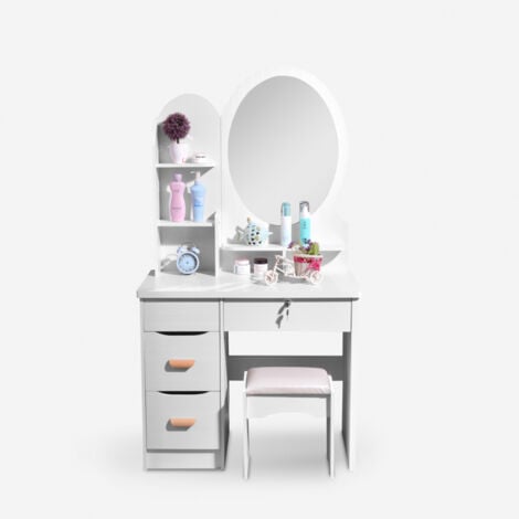 Tocador de Maquillaje móvil taburete de dormitorio con espejo redondo Babette