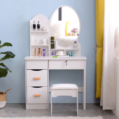 Tocador de Maquillaje móvil taburete de dormitorio con espejo redondo Babette