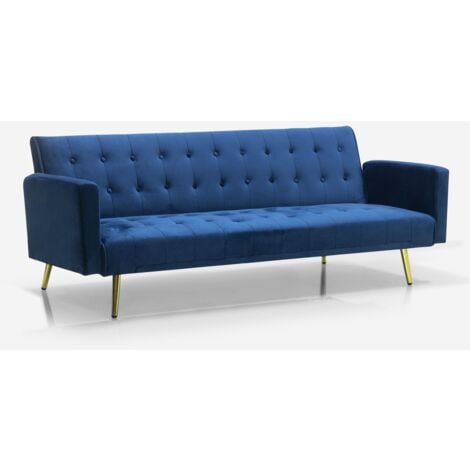 Sofá cama clic clac moderno de 3 plazas de terciopelo con patas doradas Caullae - Azul Marino