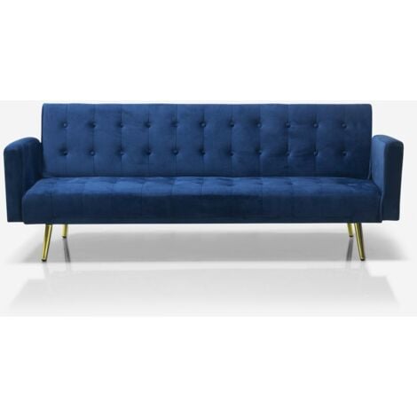 Sofá cama clic clac moderno de 3 plazas de terciopelo con patas doradas Caullae - Azul Marino