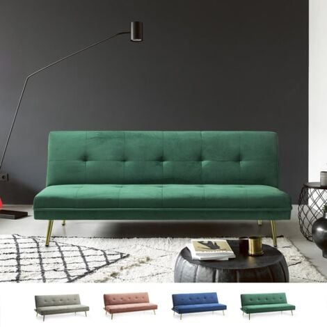 Sofá cama 2 plazas diseño moderno de terciopelo click clac patas doradas  Padded Color: Verde oscuro