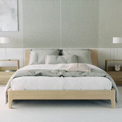 Cama de matrimonio diseño moderno de madera 160 x 190 cm somier cabecero Linz - Natural