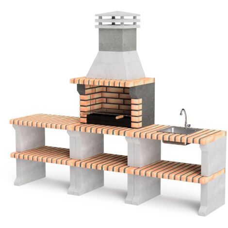 MOVELAR - Barbacoa de Obra Prefabricada de Leña y Carbón Modelo Pack 1 Liz Plus XL Outdoor Kitchen (Gris, Naranja - 228 x 58 x 210 cm) REF: M00482 - Cocina de Exterior para Jardín o Patio
